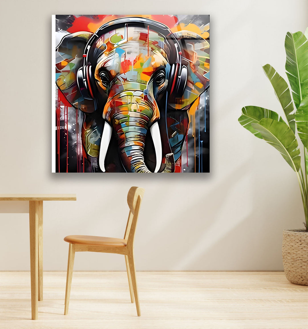 Elephant with Headphones Glass Wall Art custom glass photo prints, large glass prints
