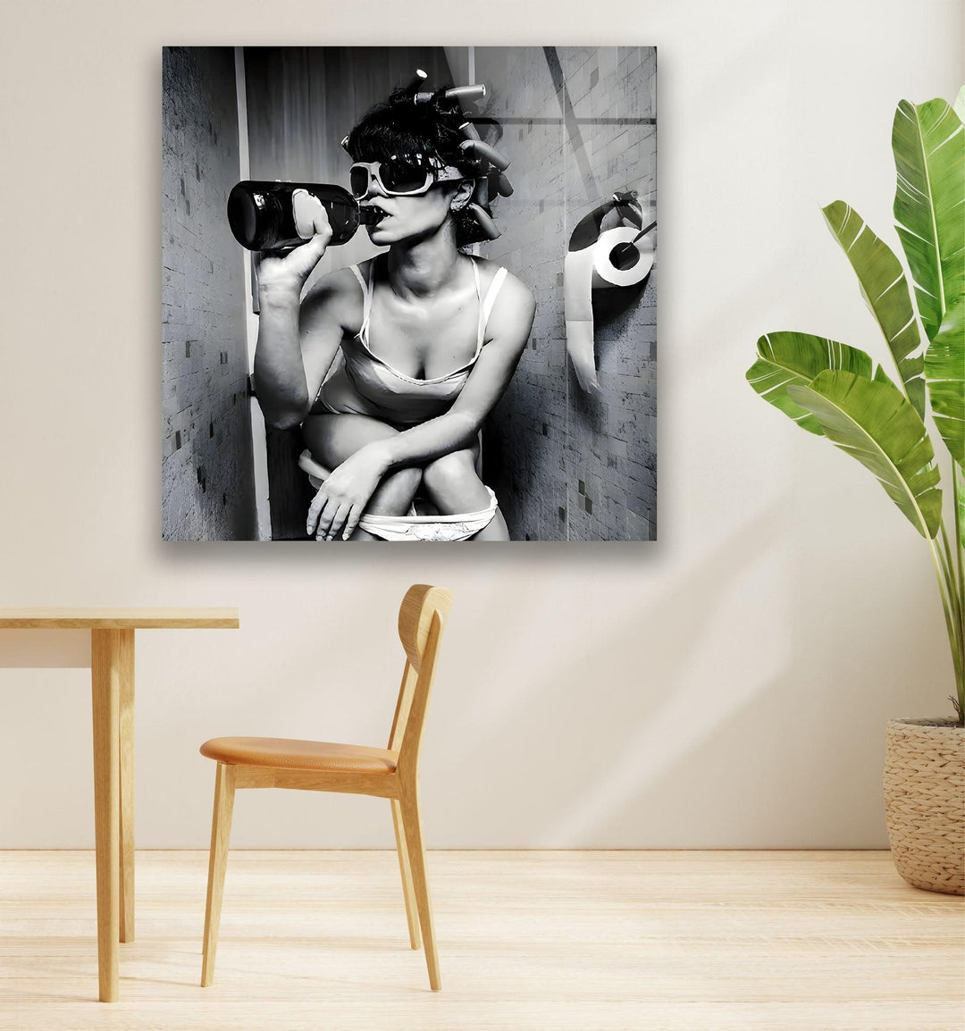 Drunk Woman in Toilet Glass Wall Art custom glass photo prints, large glass prints
