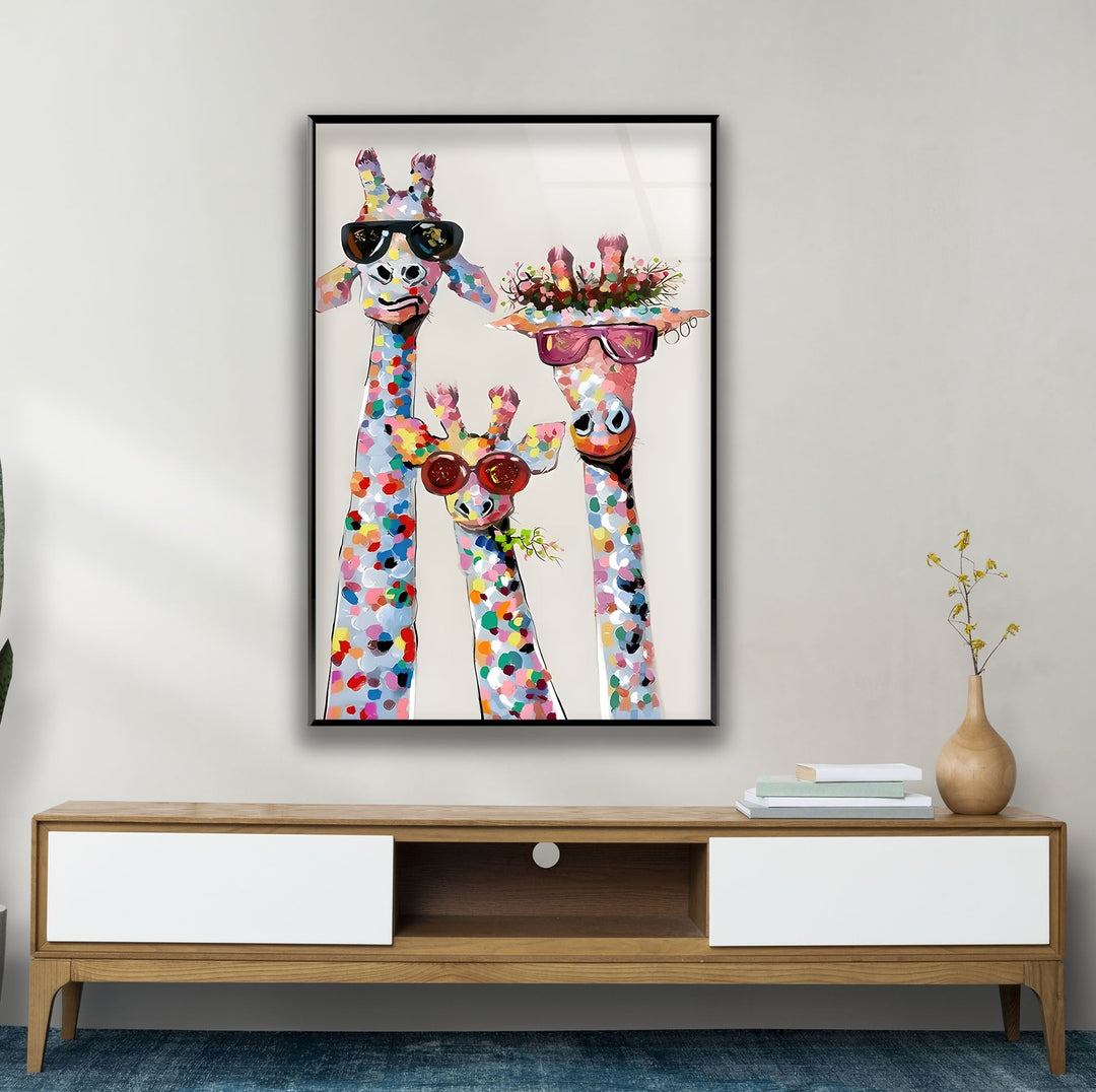 Colorful Giraffes Glass Wall Art picture on glass wall art, photos printed on glass
