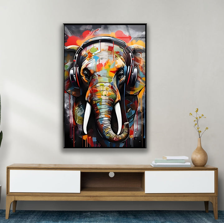 Elephant with Headphones Glass Wall Art large glass photo prints, glass wall photos
