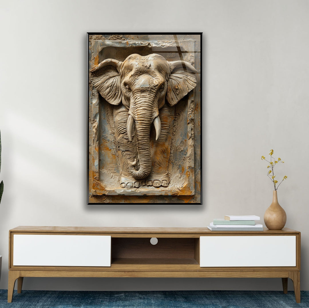 3D Elephant Stone Art Glass Wall Art large glass photo prints, glass wall photos
