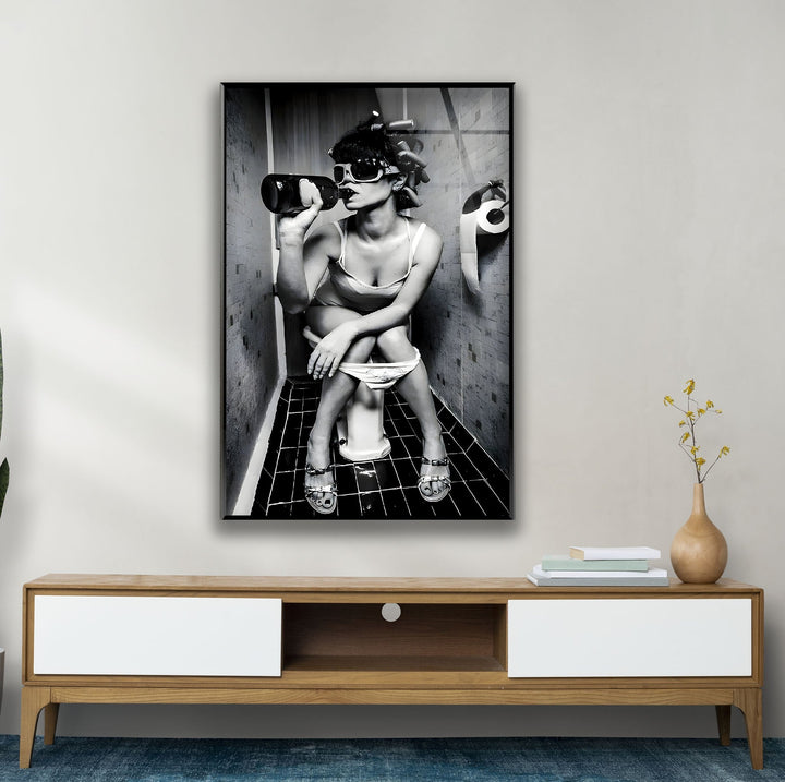 Drunk Woman in Toilet Glass Wall Art large glass photo prints, glass wall photos
