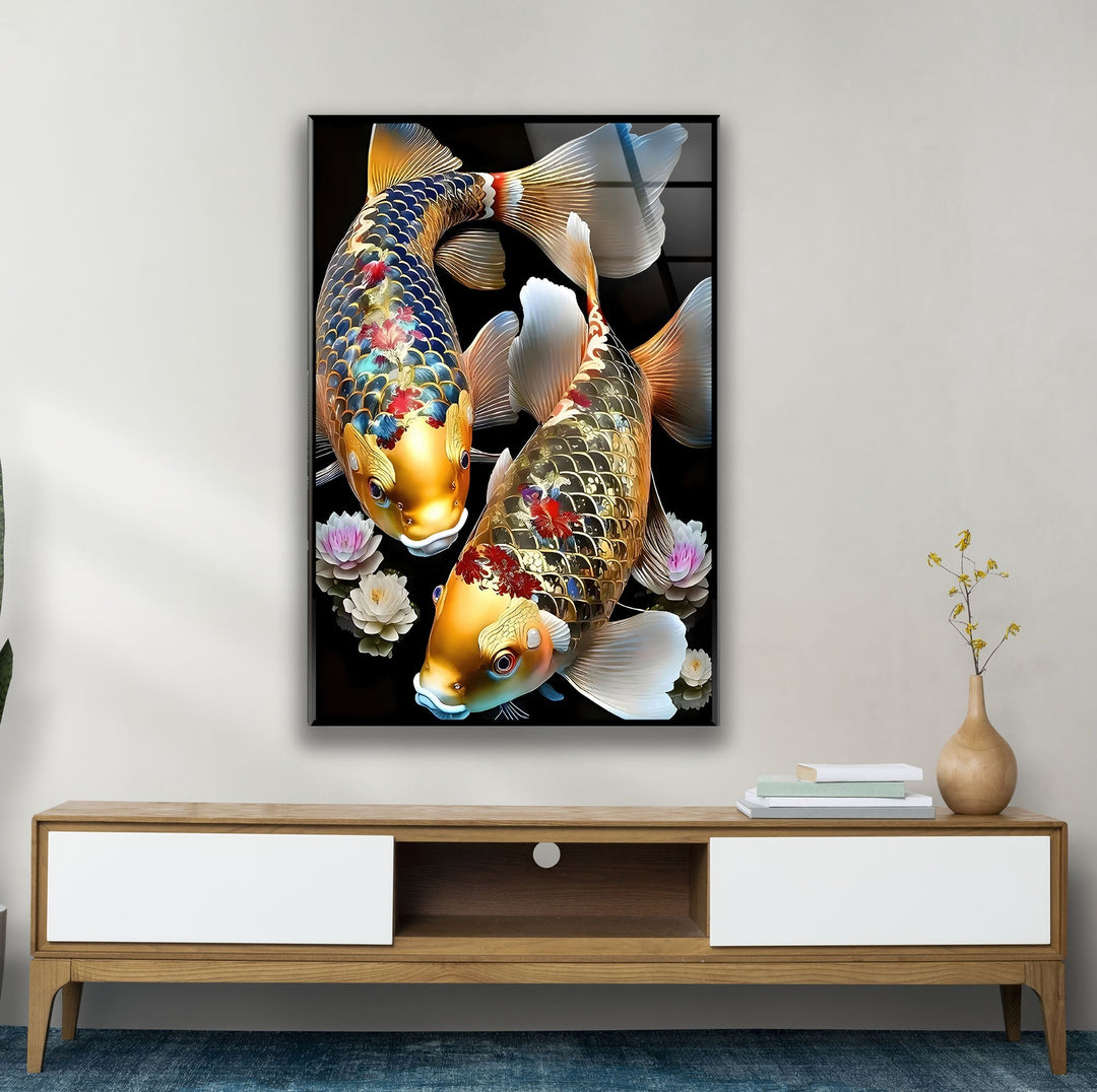 Golden Koi Fishes & Flower Glass Wall Art glass image printing, glass prints from photos
