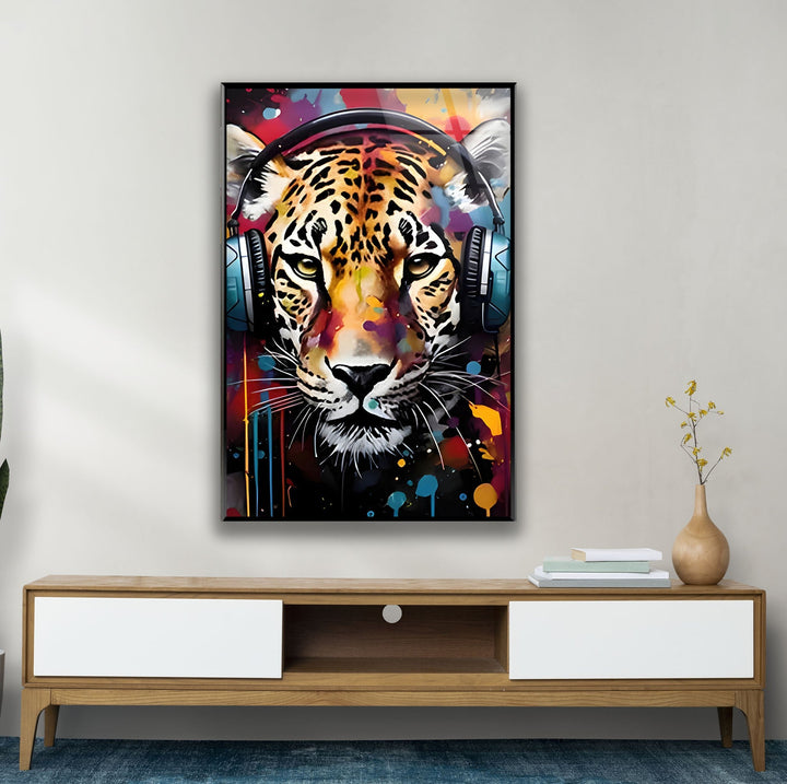 Leopar with Headphones Glass Wall Art glass photo prints, glass picture prints
