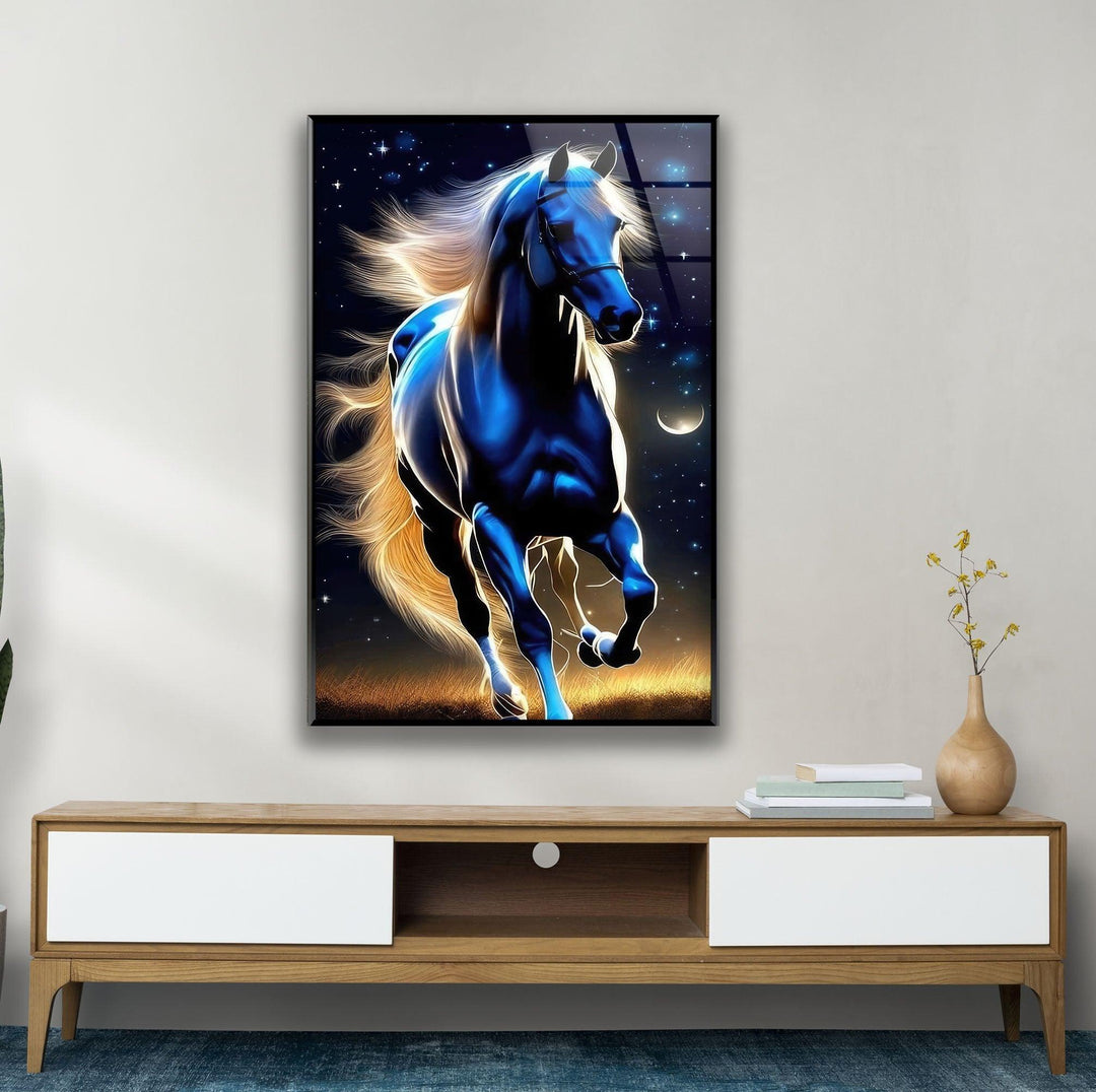 Blue Night Running Horse Glass Wall Art print on glass, glass printed photos
