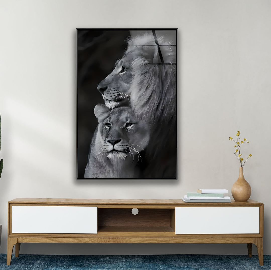 Black & White Lion Family Glass Wall Art glass image printing, glass prints from photos
