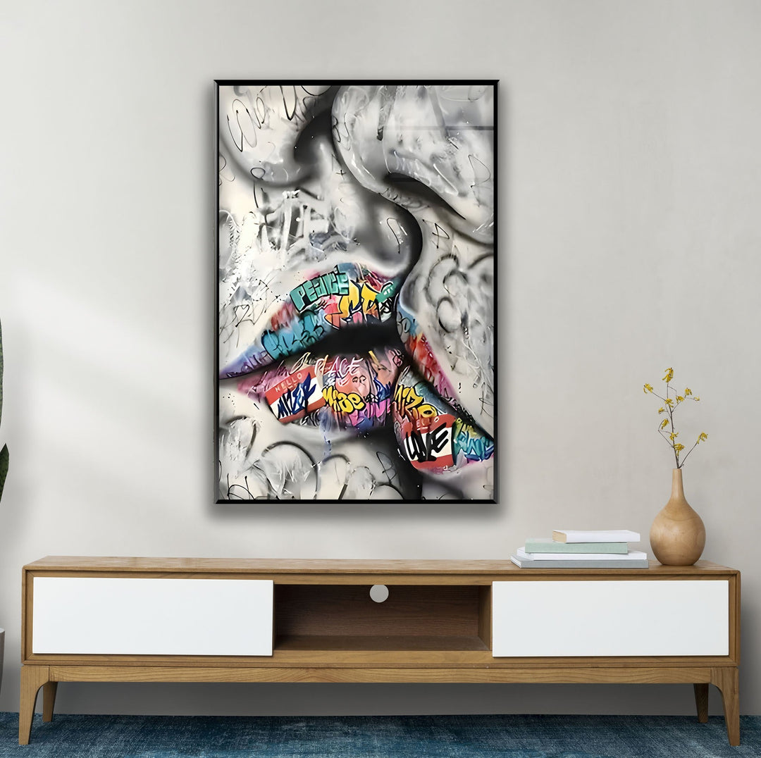 Graffiti Lips Black and White Glass Wall Art glass pictures for Wall, glass prints wall art
