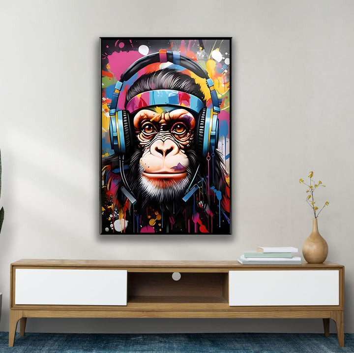 Monkey with Headphones Glass Wall Art glass photo prints, glass picture prints
