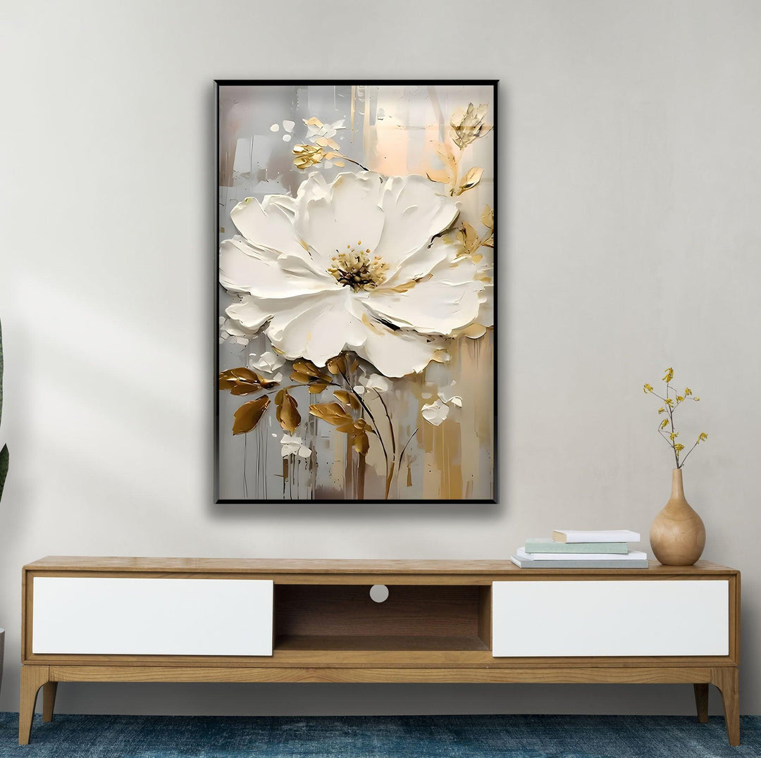 White and Brown Oil Art Flower Glass Wall Art glass pictures for Wall, glass prints wall art
