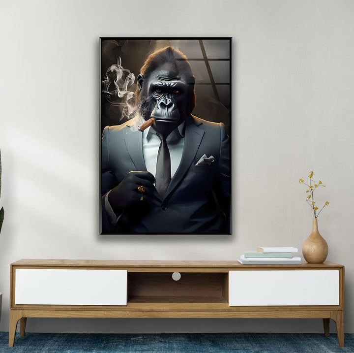 Gorilla Smoking Glass Wall Art custom glass photo prints, large glass prints
