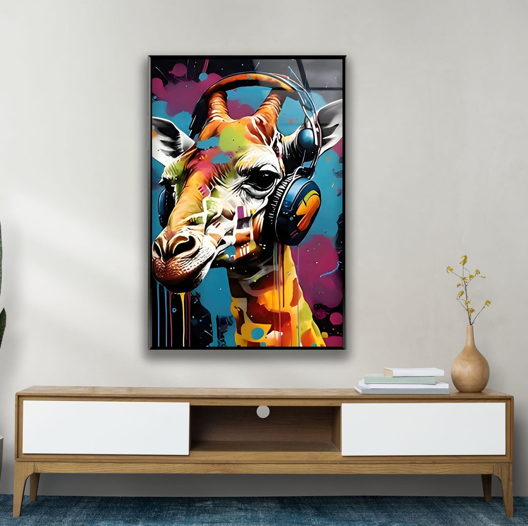 Giraffe with Headphones Glass Wall Art picture on glass wall art, photos printed on glass
