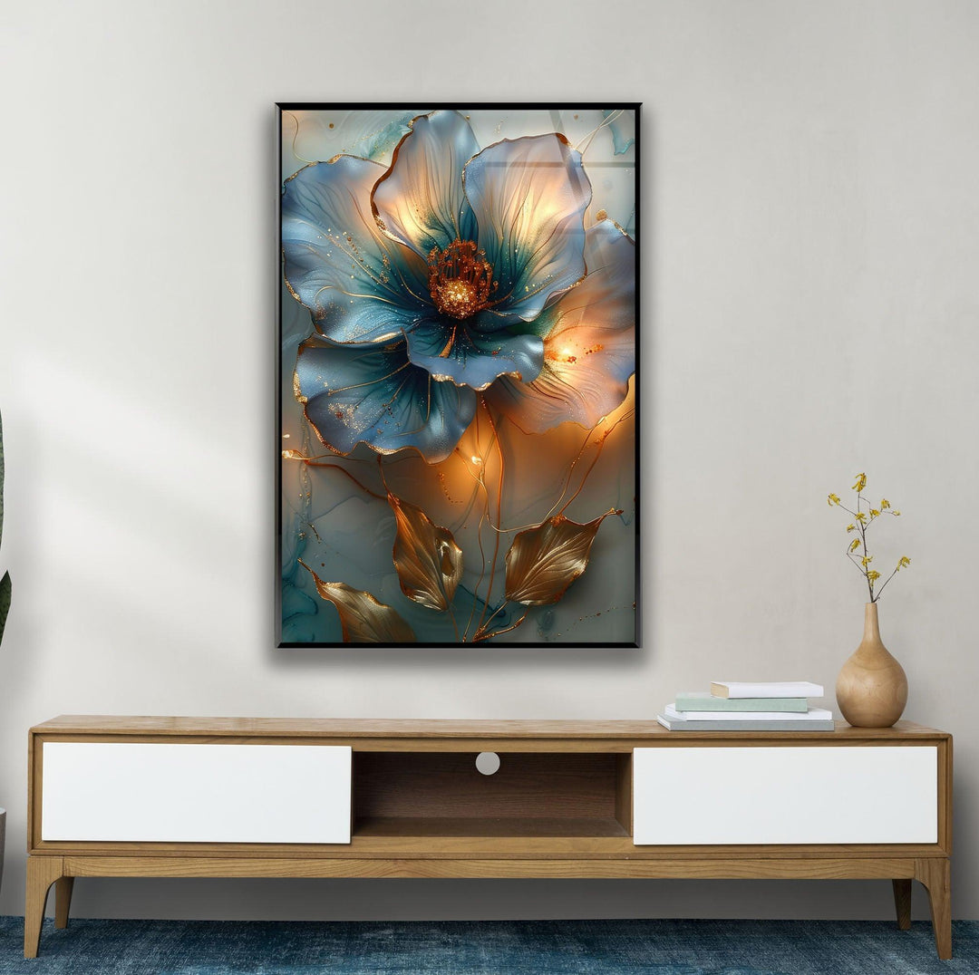 Blue & Orange Vivid Flower Glass Wall Art custom glass pictures, glass art prints
