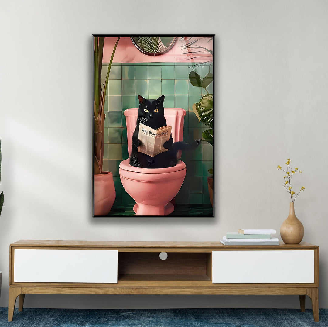 Cat Reading on Toilet Glass Wall Art large glass photo prints, glass wall photos
