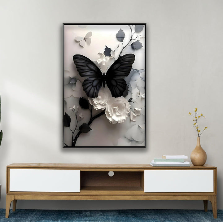 Black Butterfly & Flowers Glass Wall Art glass image printing, glass prints from photos
