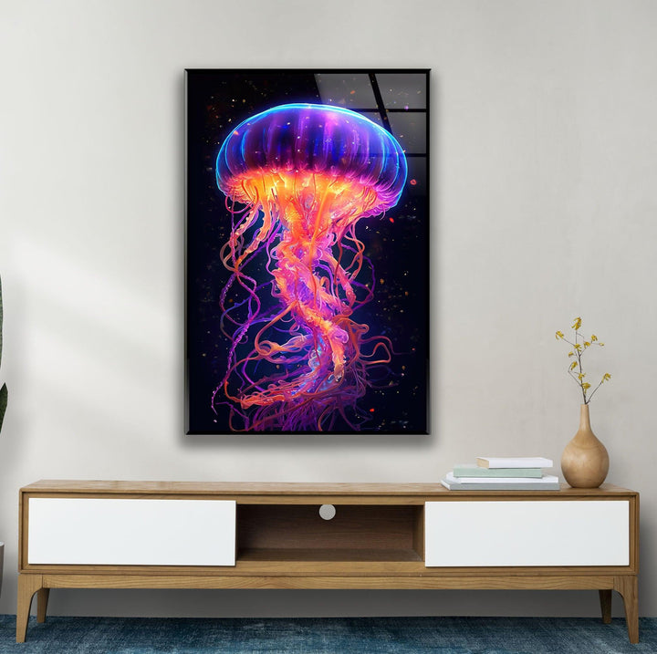 Jelly Fish Color Neon Glass Wall Art glass photo prints, glass picture prints
