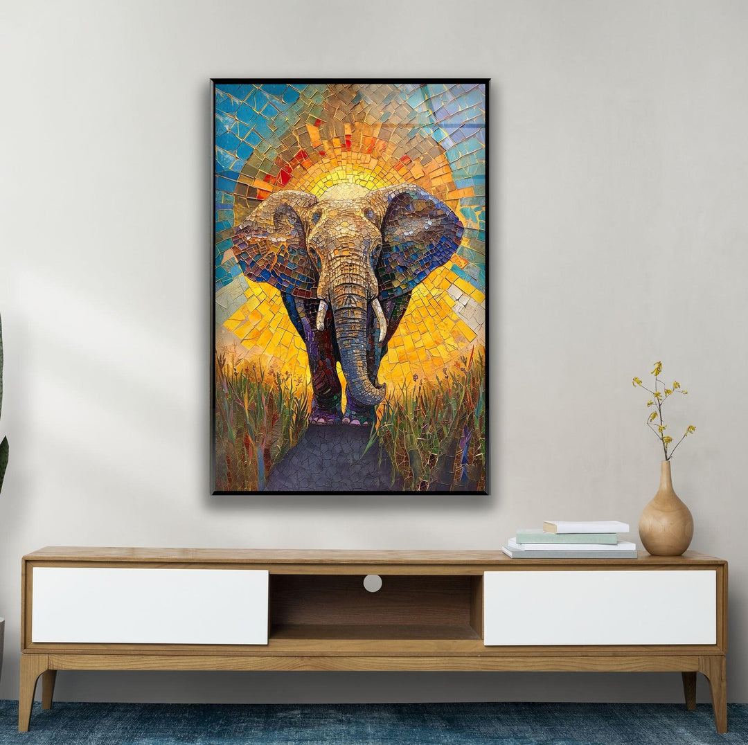 Mosaic Elephant Glass Wall Art picture on glass wall art, photos printed on glass
