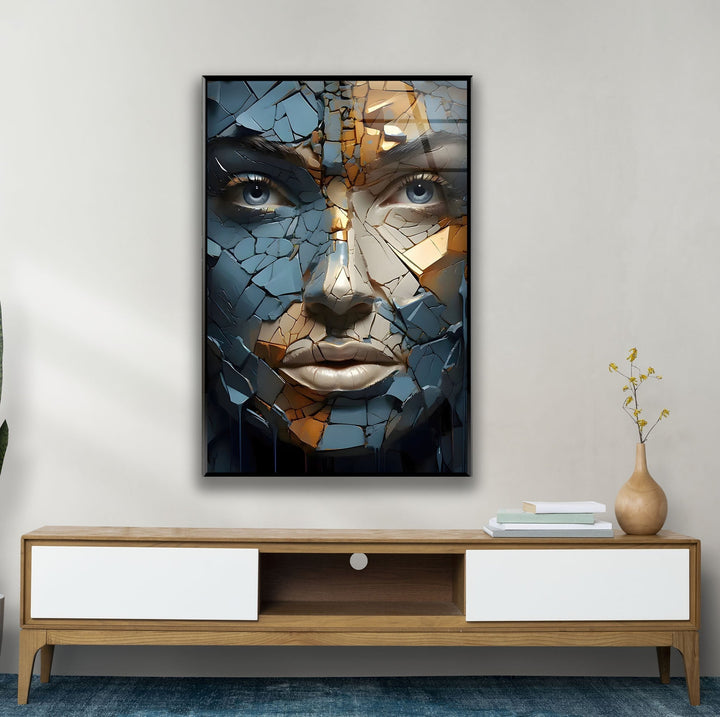 Blue Cracked Design Woman Glass Wall Art print picture on glass, Tempered Glass Wall Art
