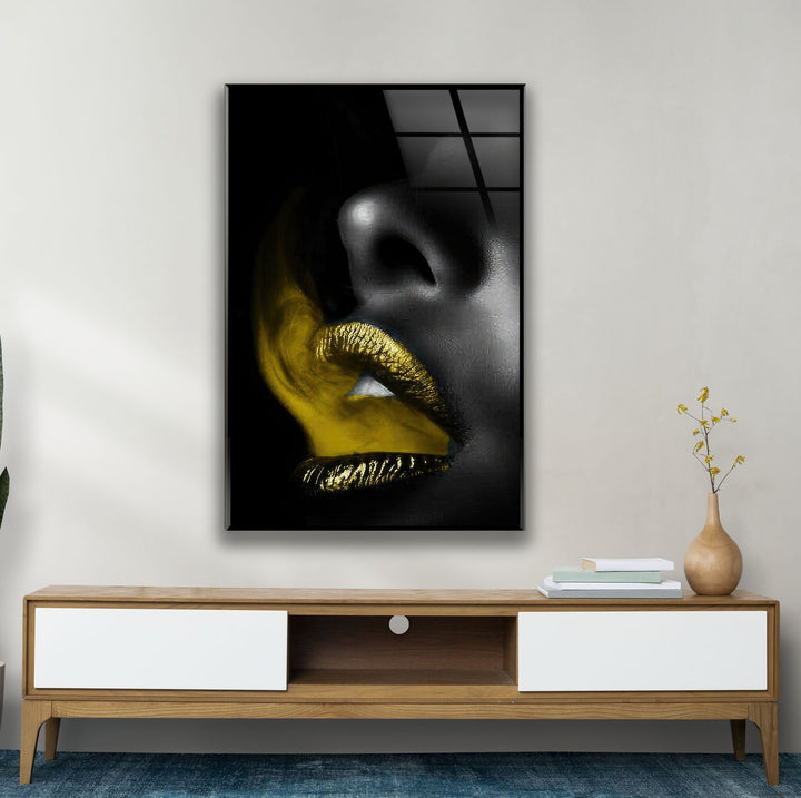 Black Woman and Yellow Lips Glass Wall Art custom glass pictures, glass art prints
