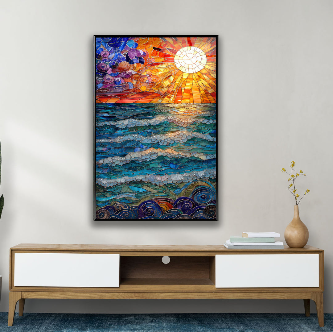 Mosaic Sunset Sea Glass Wall Art print picture on glass, Tempered Glass Wall Art