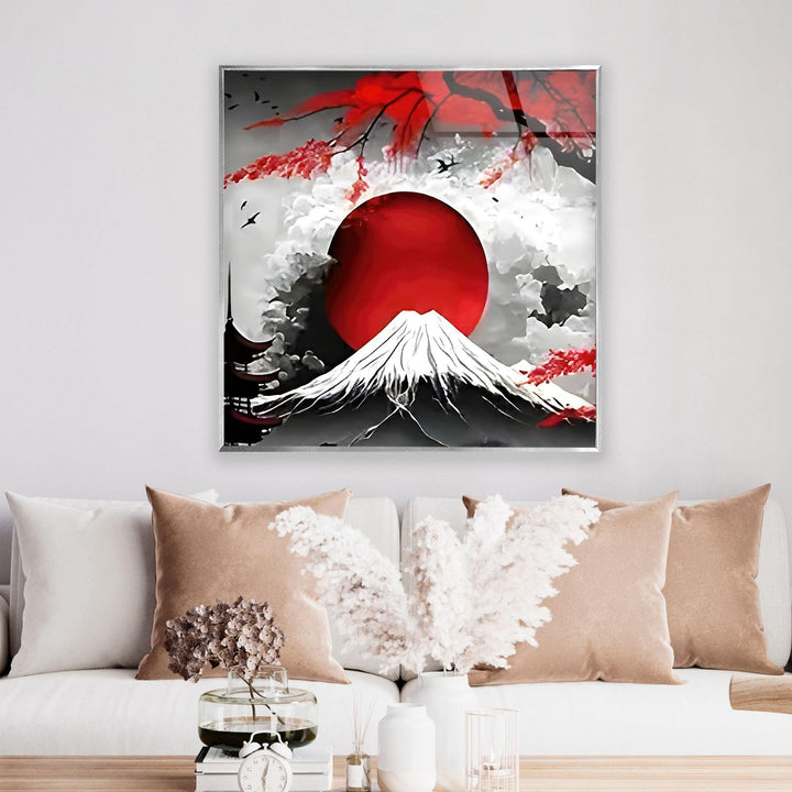 Red Moon & Mountain Glass Wall Art 