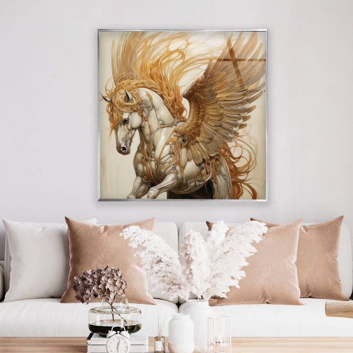 Brown Winged Horse Glass Wall Art photo print on glass, prints on glass wall art
