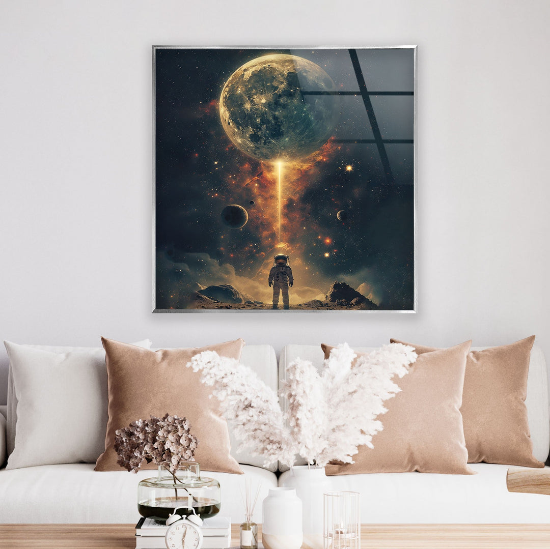 Astronaut Walking on Moon Glass Wall Art glass photo prints, glass picture prints
