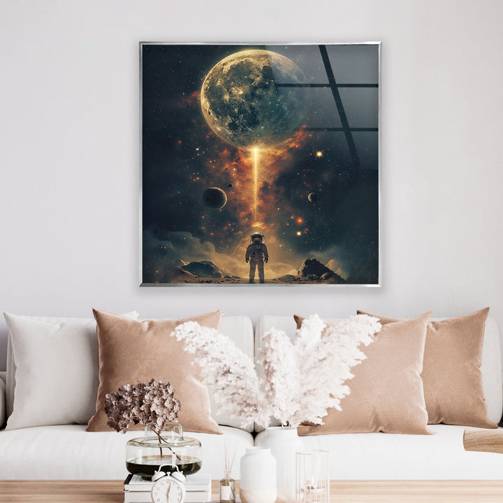 Astronaut Walking on Moon Glass Wall Art glass photo prints, glass picture prints
