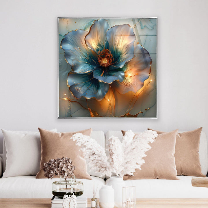 Blue & Orange Vivid Flower Glass Wall Art glass pictures for Wall, glass prints wall art
