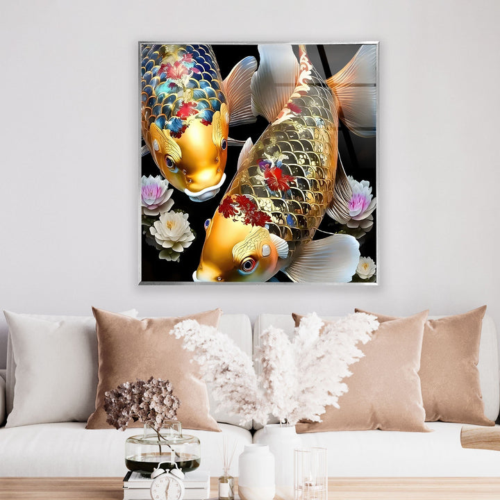 Golden Koi Fishes & Flower Glass Wall Art glass photo prints, glass picture prints
