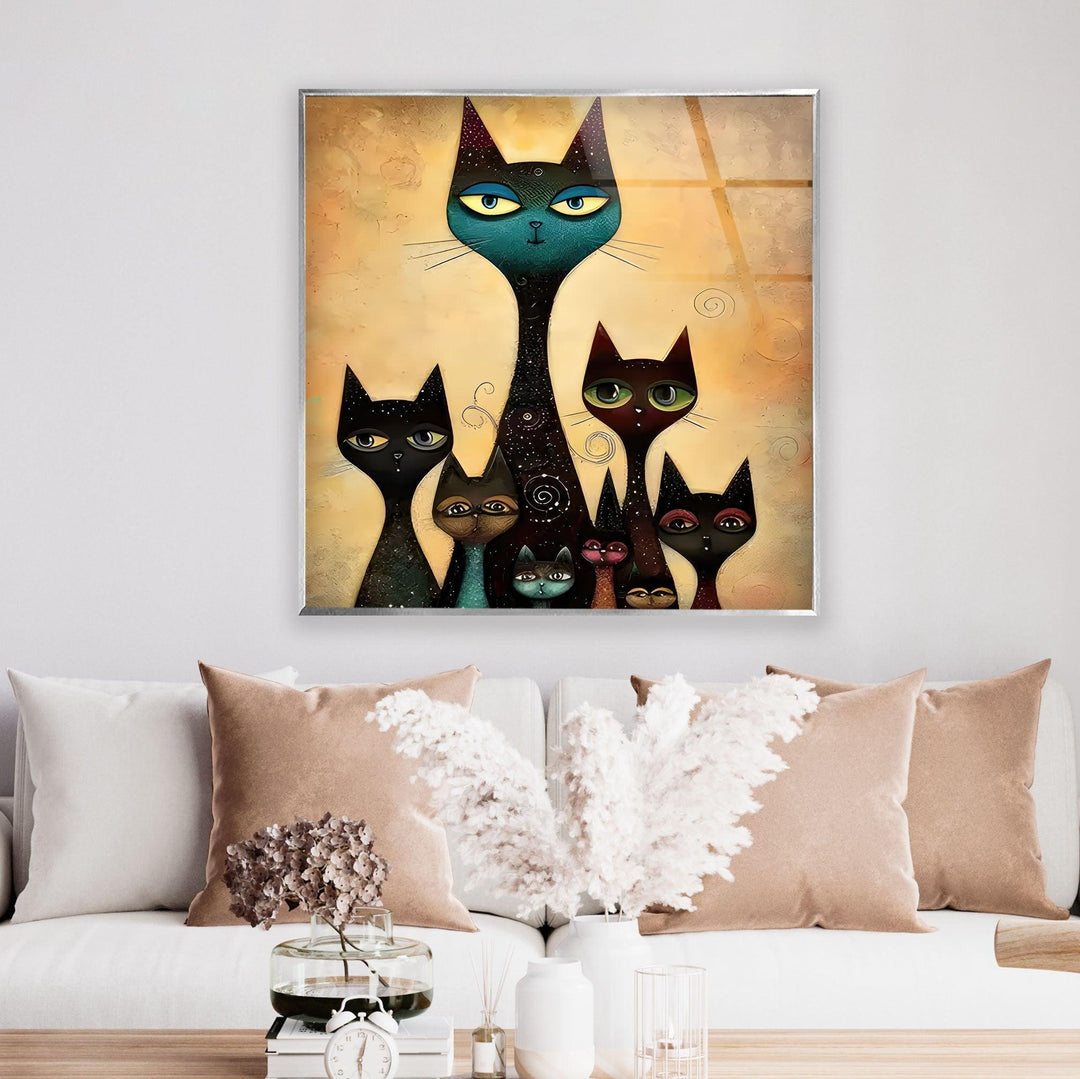 Cat Family Portrait Glass Wall Art custom glass photo prints, large glass prints
