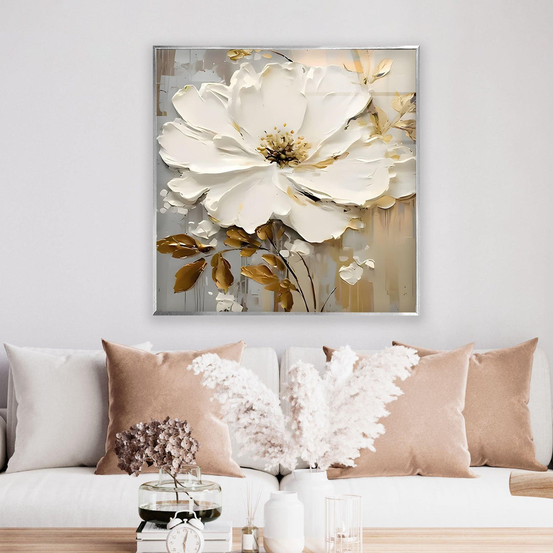 White and Brown Oil Art Flower Glass Wall Art print picture on glass, Tempered Glass Wall Art