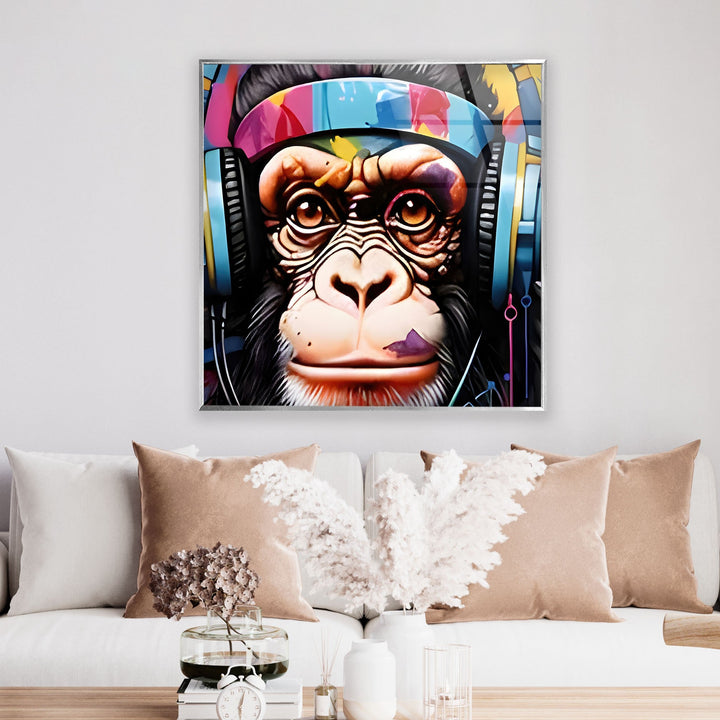 Monkey with Headphones Glass Wall Art Glass Printing Wall Art, Print photos on glass
