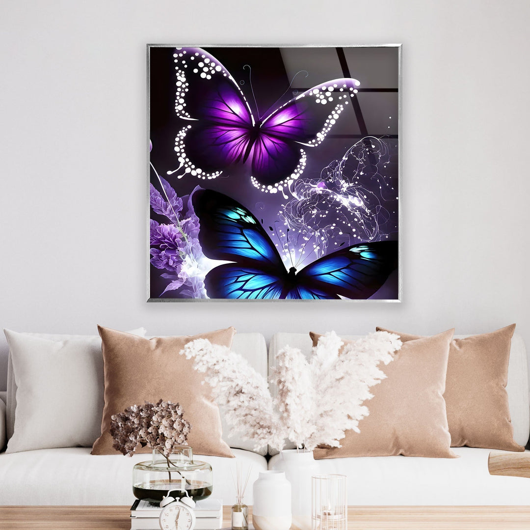 Blue & Purple Butterfly Glass Wall Art print picture on glass, Tempered Glass Wall Art
