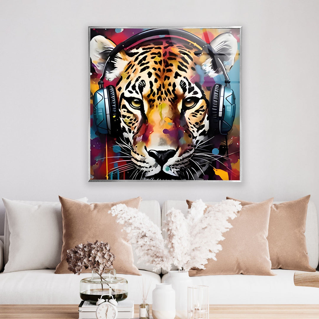 Leopar with Headphones Glass Wall Art Glass Printing Wall Art, Print photos on glass
