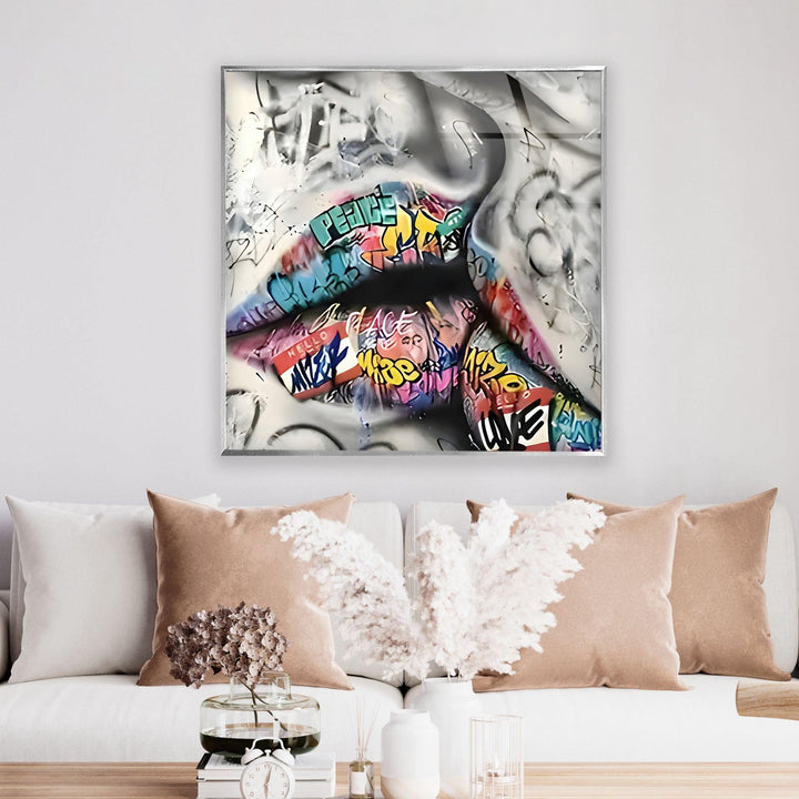 Graffiti Lips Black and White Glass Wall Art glass image printing, glass prints from photos
