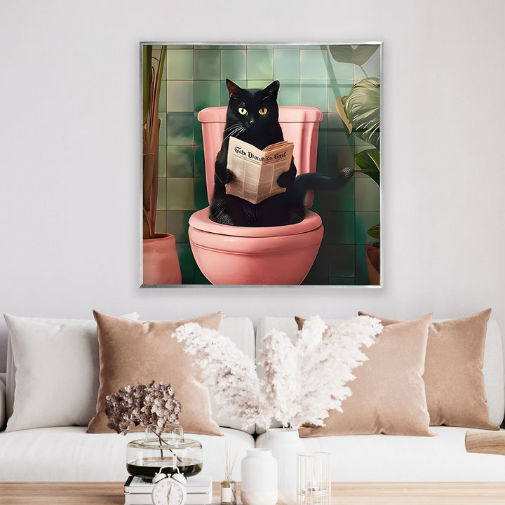 Cat Reading on Toilet Glass Wall Art photo print on glass, prints on glass wall art
