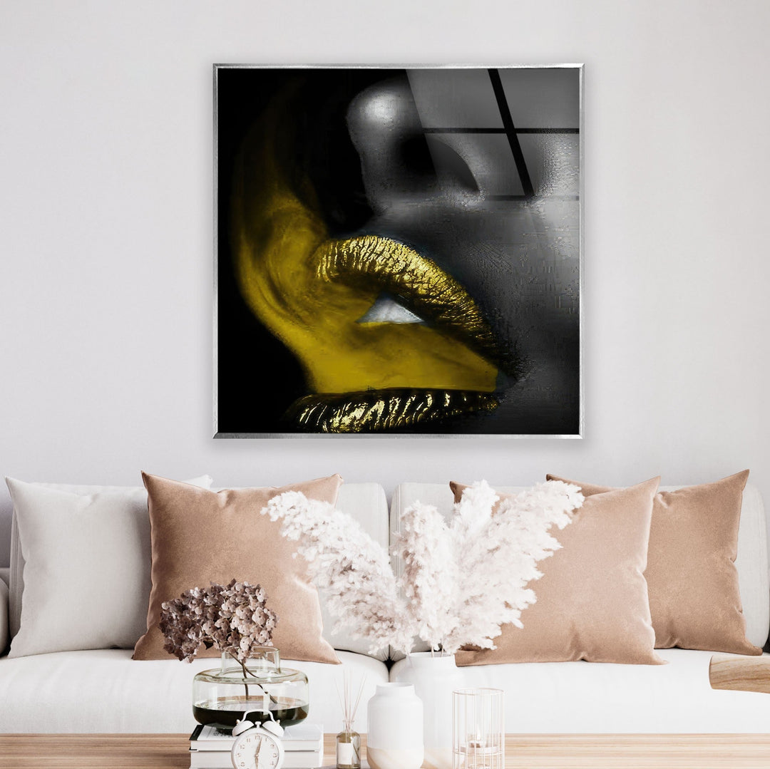 Black Woman and Yellow Lips Glass Wall Art glass pictures for Wall, glass prints wall art
