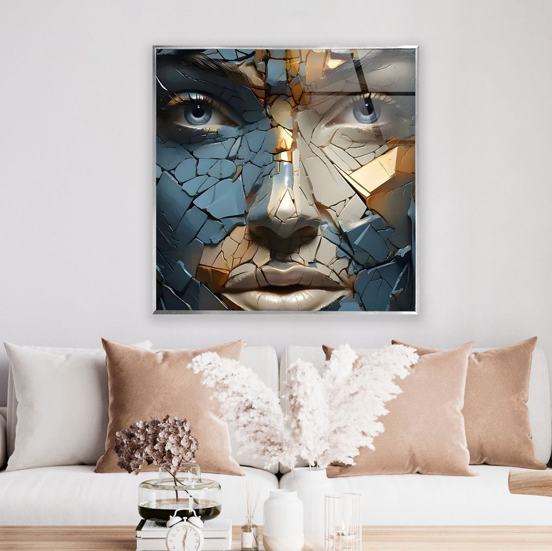 Blue Cracked Design Woman Glass Wall Art print on glass, glass printed photos
