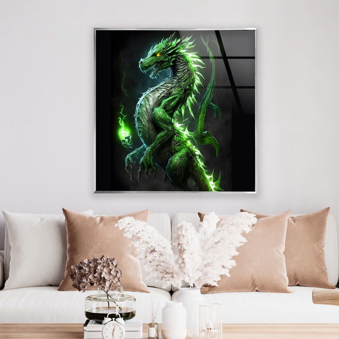 Majestic green dragon with fiery energy lighting up the surrounding mystical landscape.
