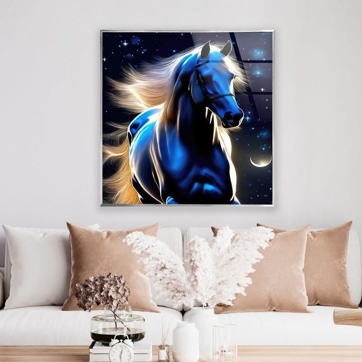 Blue Night Running Horse Glass Wall Art picture on glass wall art, photos printed on glass
