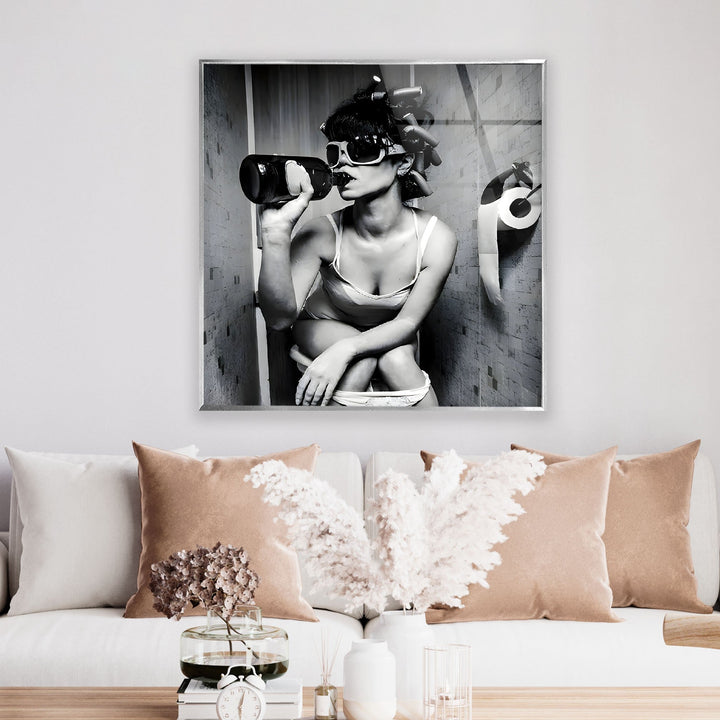 Drunk Woman in Toilet Glass Wall Art photo print on glass, prints on glass wall art
