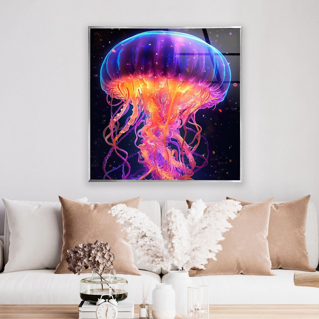 Jelly Fish Color Neon Glass Wall Art Glass Printing Wall Art, Print photos on glass
