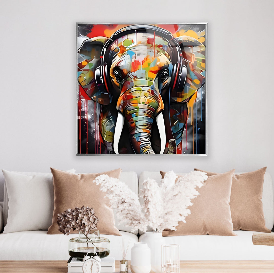 Elephant with Headphones Glass Wall Art photo print on glass, prints on glass wall art
