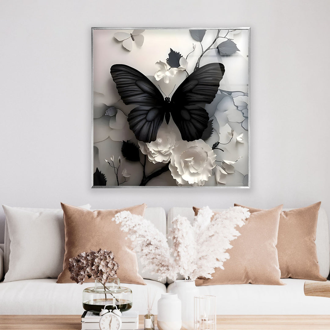 Black Butterfly & Flowers Glass Wall Art glass photo prints, glass picture prints
