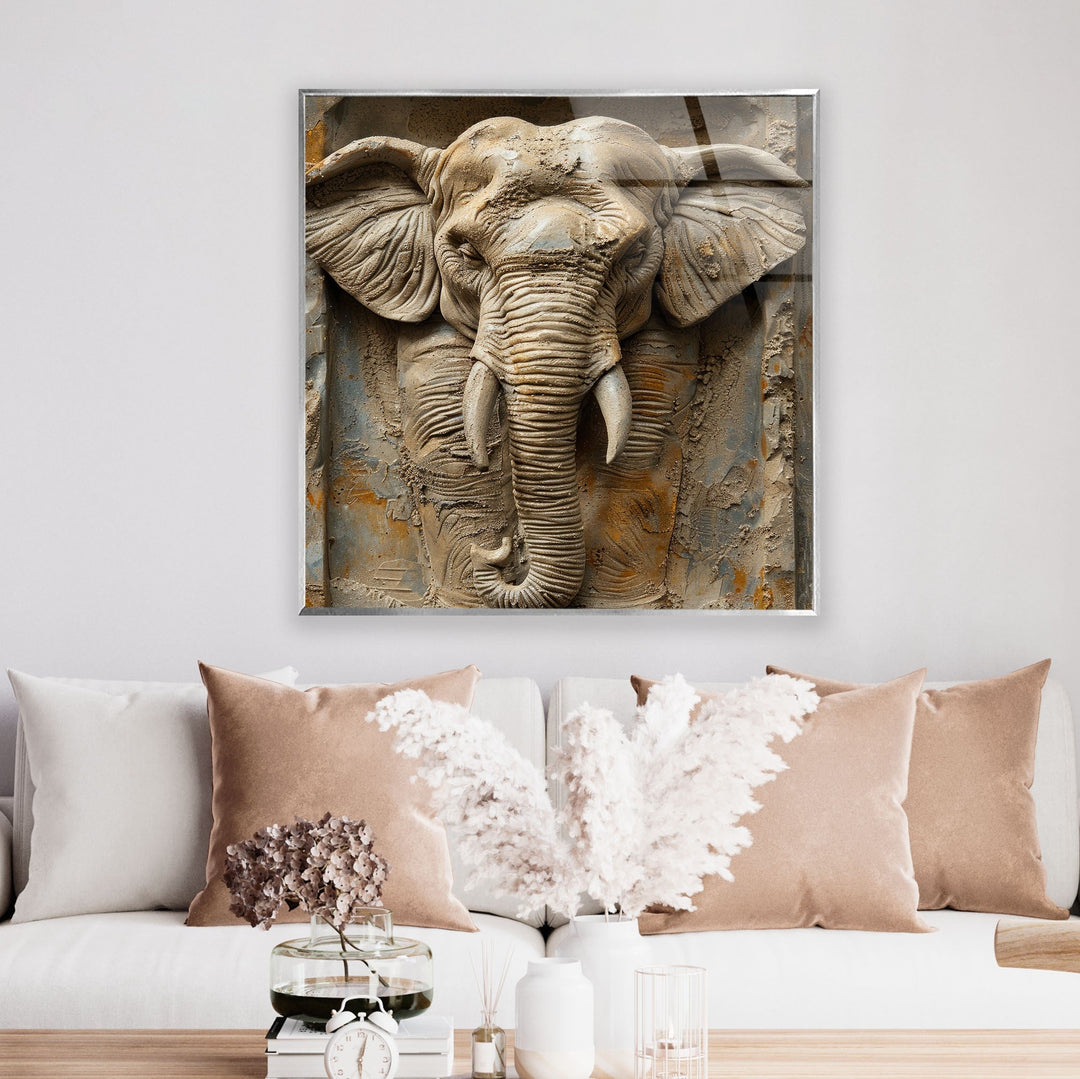 3D Elephant Stone Art Glass Wall Art photo print on glass, prints on glass wall art
