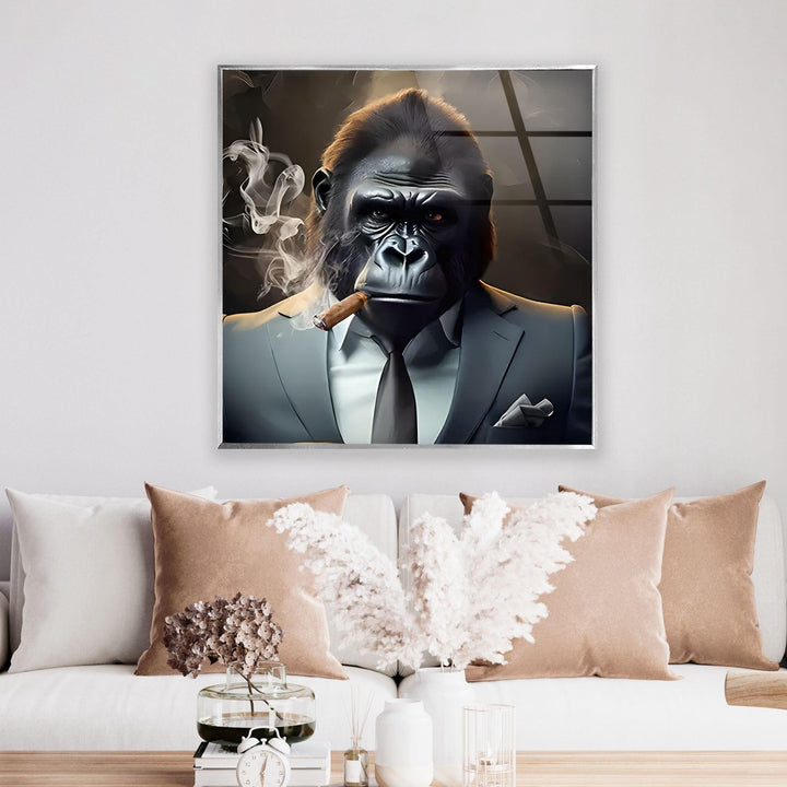 Gorilla Smoking Glass Wall Art large glass photo prints, glass wall photos
