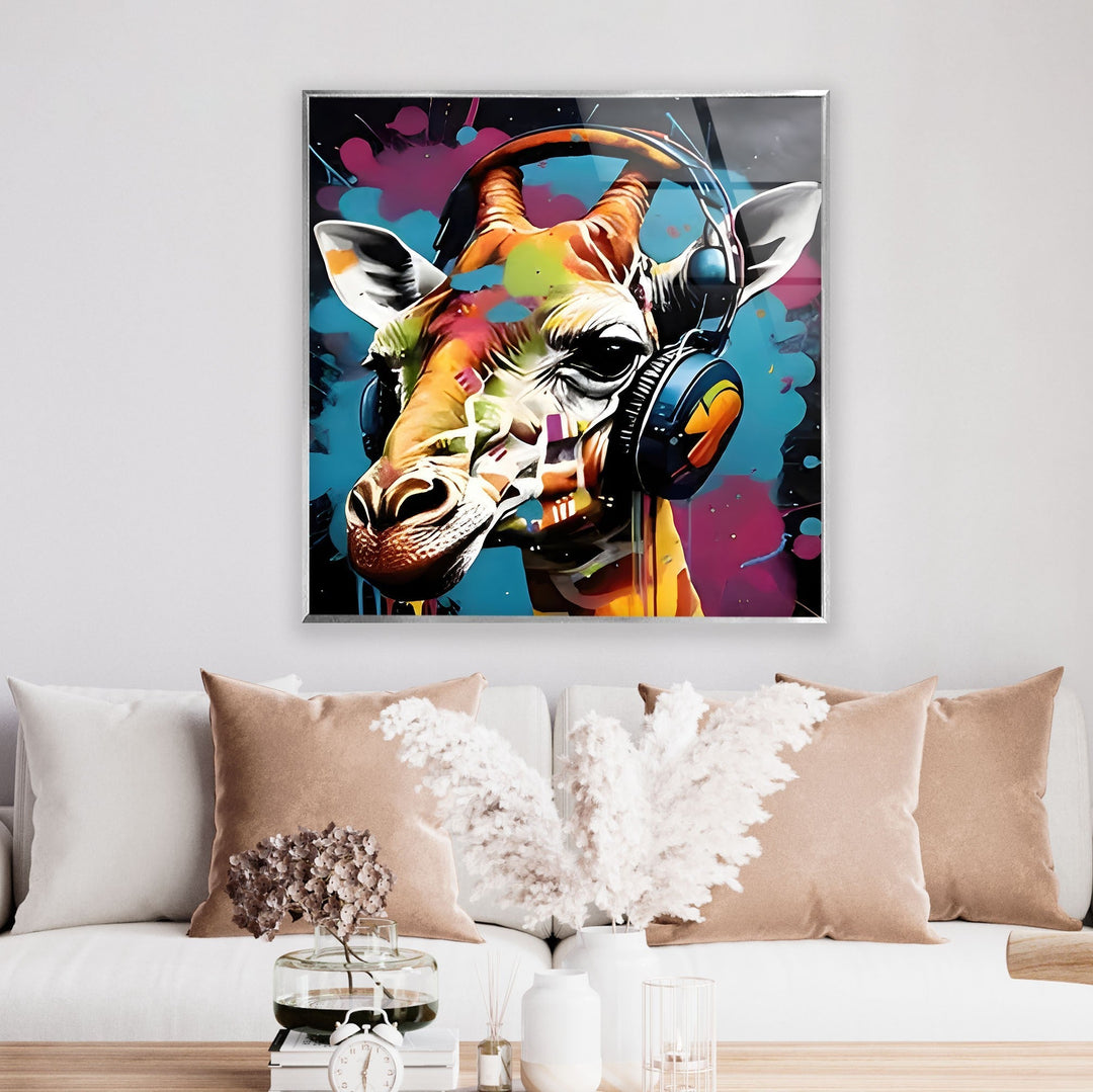 Giraffe with Headphones Glass Wall Art custom glass photo prints, large glass prints
