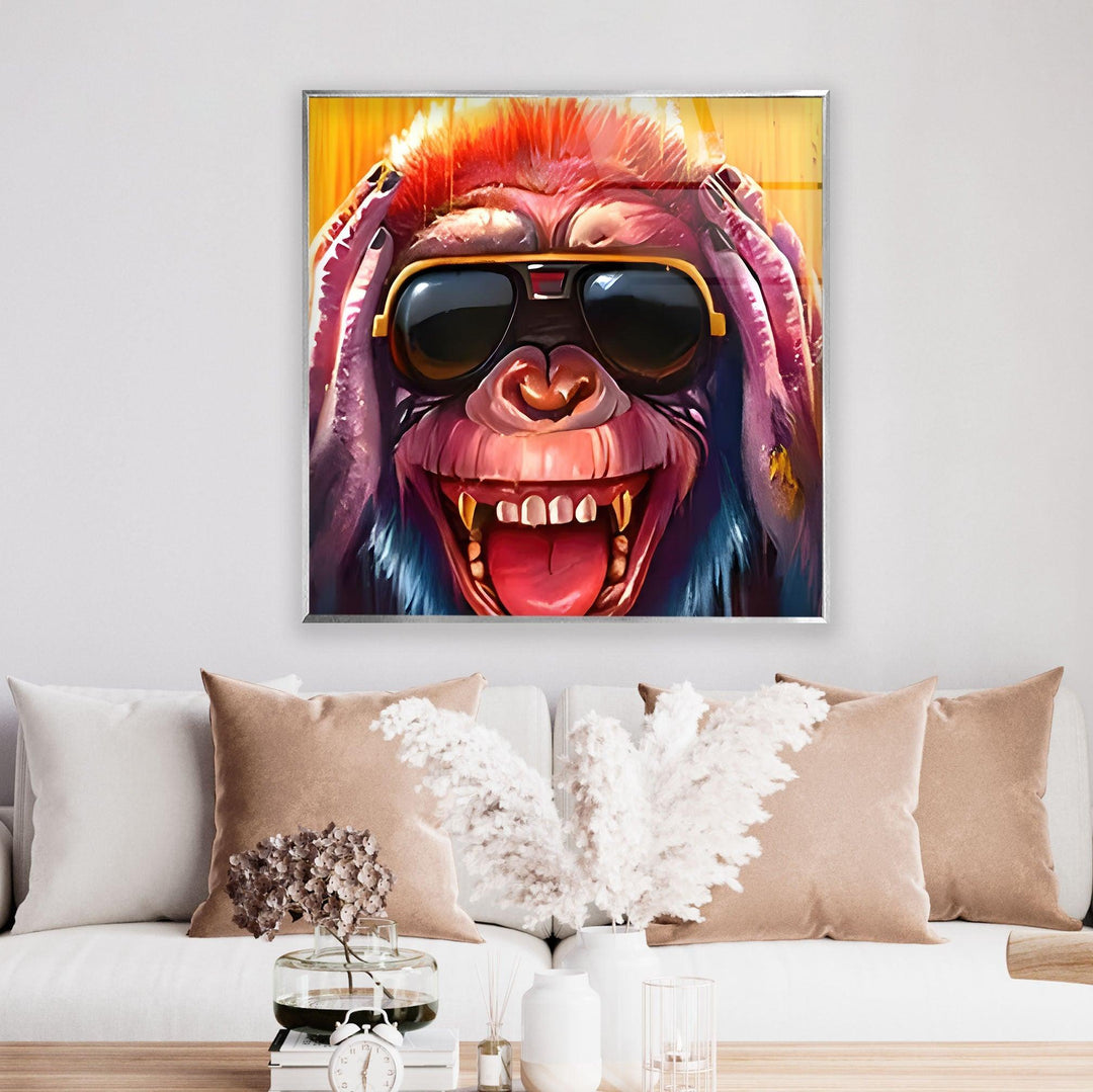 Crazy Monkey with Glasses Glass Wall Art Glass Printing Wall Art, Print photos on glass
