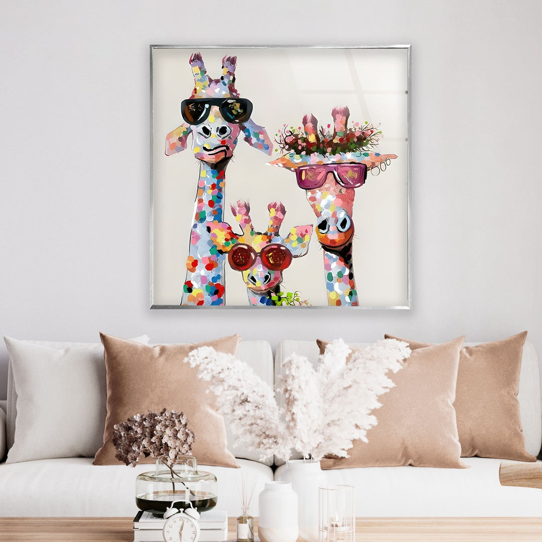 Colorful Giraffes Glass Wall Art print on glass, glass printed photos
