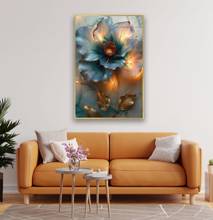 Blue & Orange Vivid Flower Glass Wall Art glass image printing, glass prints from photos
